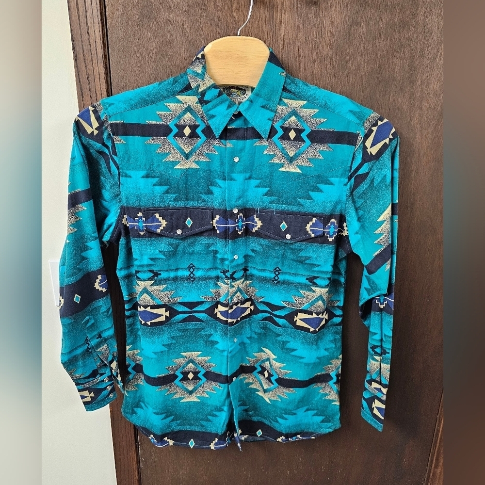 Vtg 90's Cumberland Outfitters Pearl Snap Teal Western Aztec Print Shirt Medium